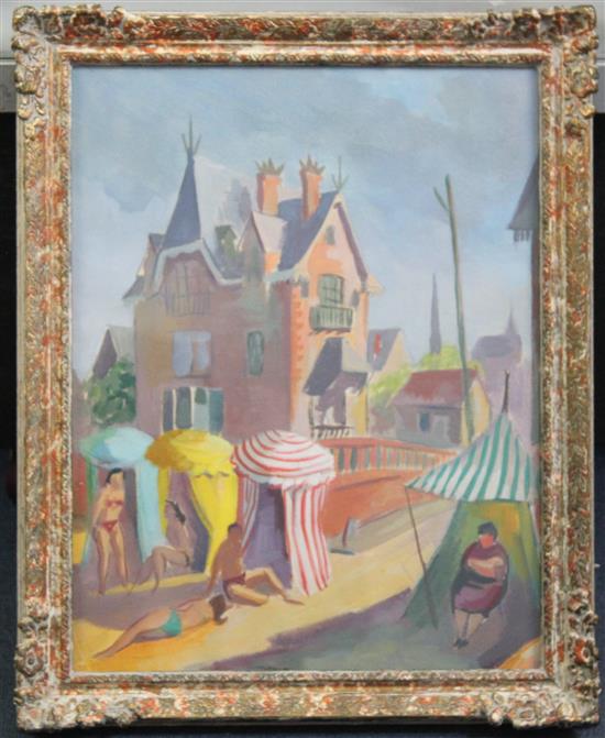 Attributed to Leila Faithfull (1896-1994) Beach scene near Deauville, c.1970, 17.5 x 13.5in.